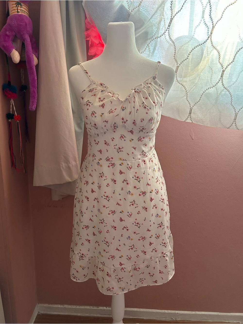 Floral Ivory Mini Dress with Pink Accents